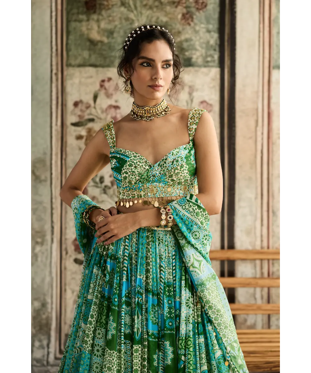 DIYARAJVVIR - Aqua Print and Highlighted Ruched Blouse Lehenga Set